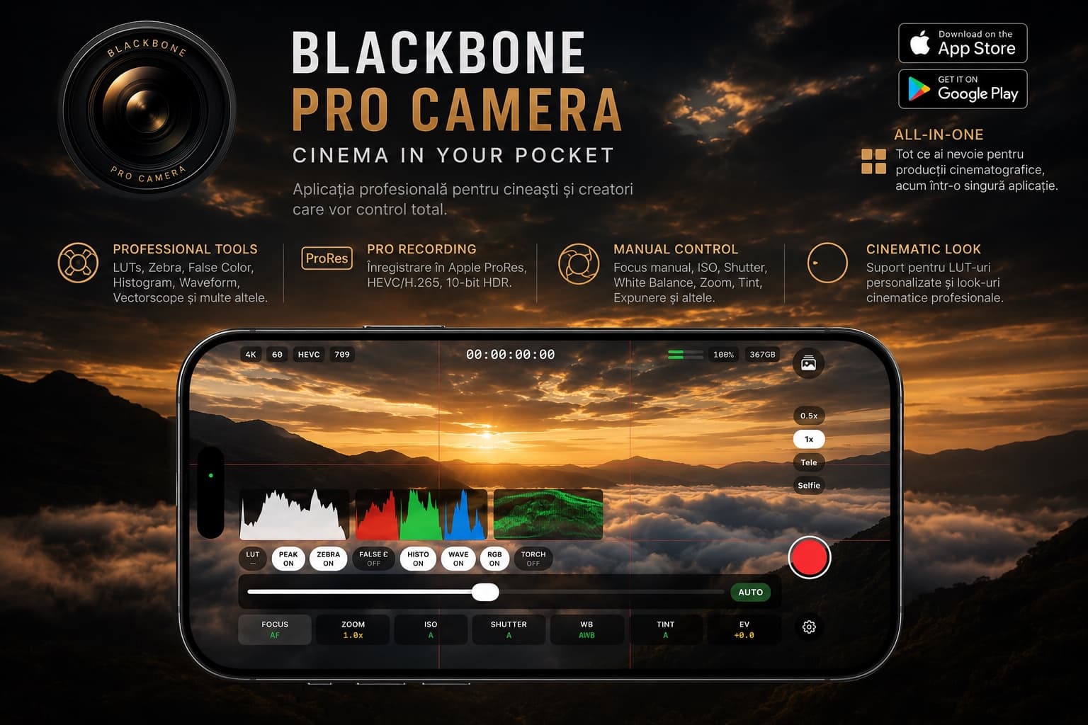 Blackbone Pro Camera — interfața de filmare cu histogramă, RGB parade și waveform