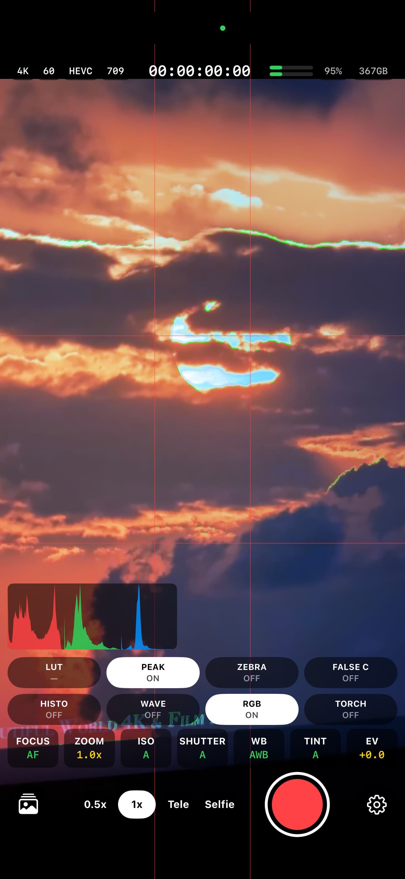 RGB parade și focus peaking pe un apus