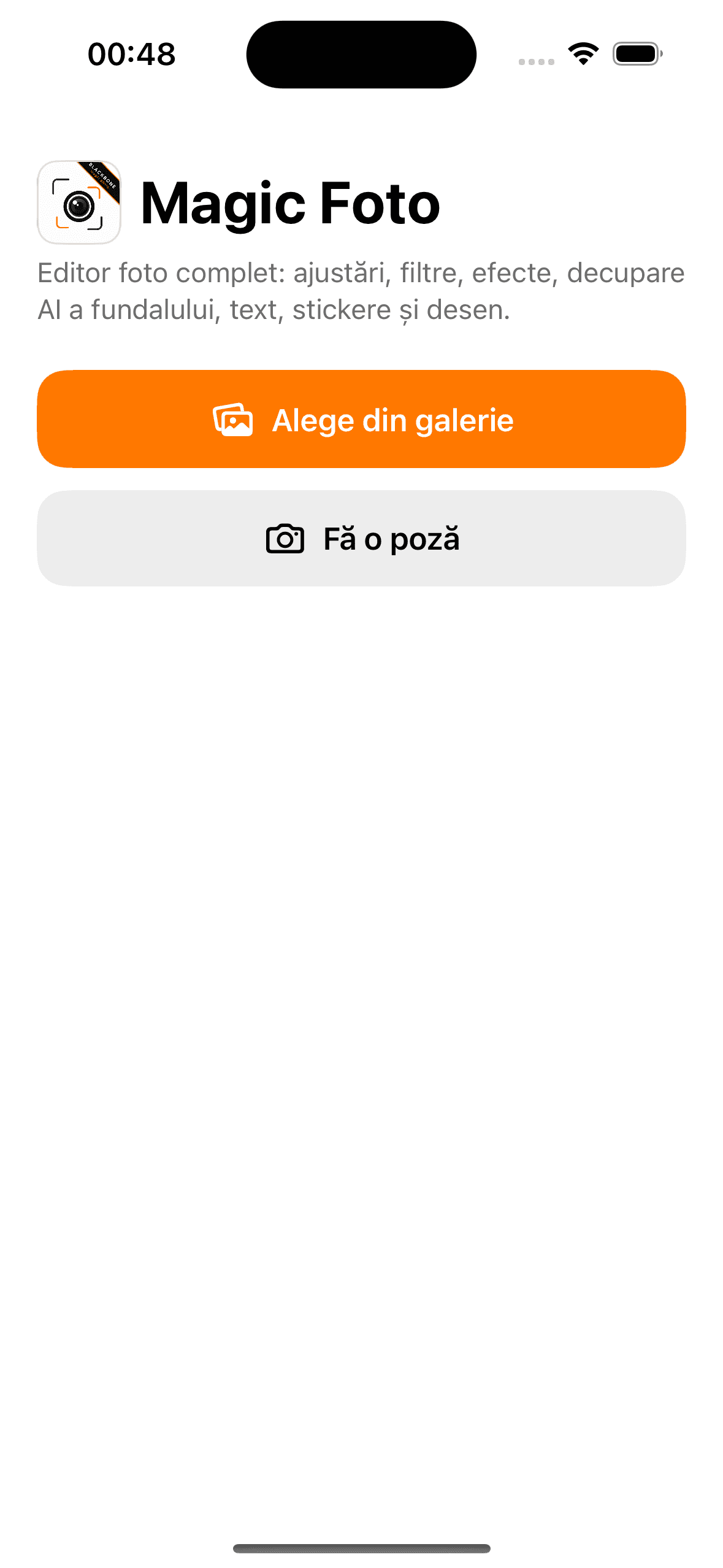 Home screen — white with orange accents, matching the logo