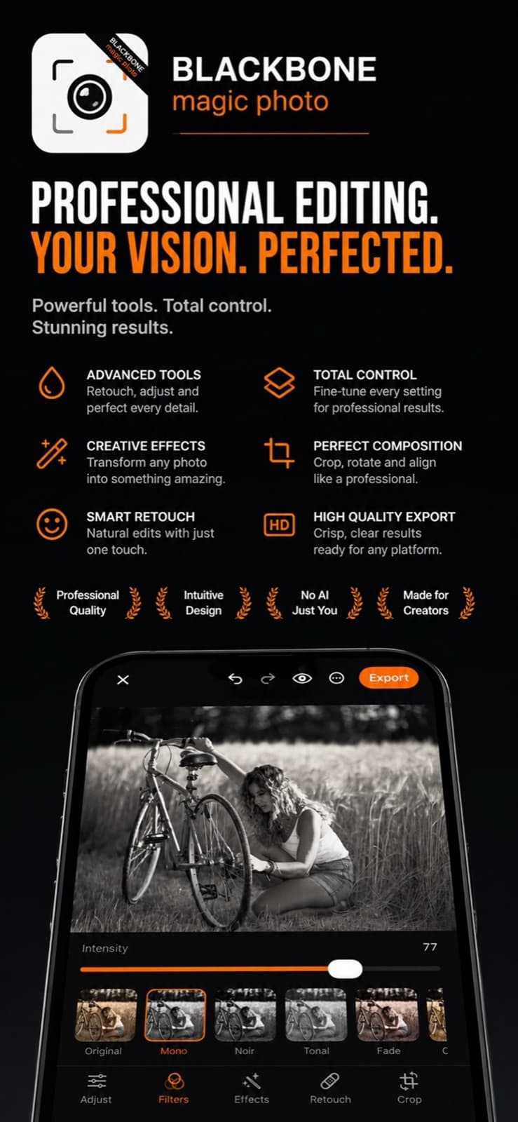 Filters with live thumbnails and adjustable intensity